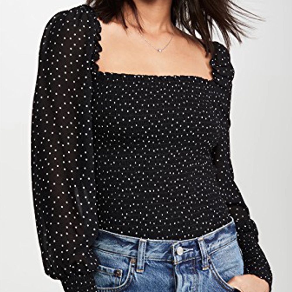 Reformation Black Polka Dot Smocked Square-Neck Top